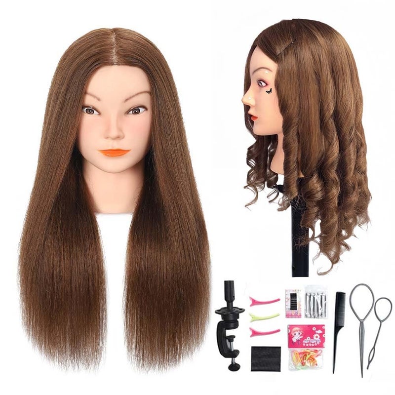 Opini Mannequin Head with 100% Real Human Hair Cosmetology Mannequin Head to Practice Hairstyles Doll Head Training Head for Hairdresser (Brown) - Image 1